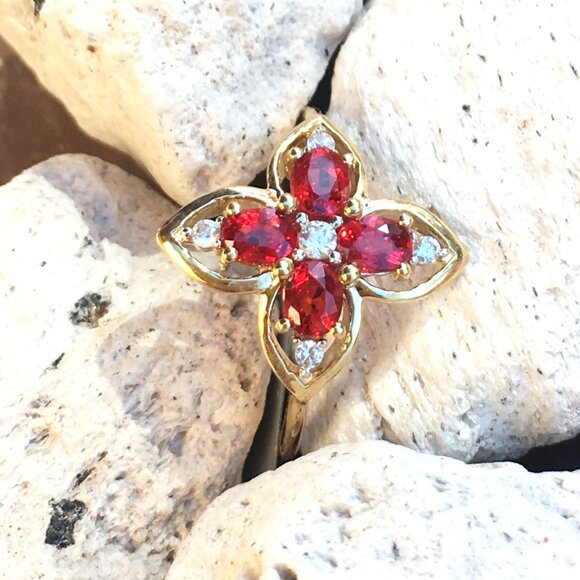 Tanzanian Ruby & White Zircon 9K Yellow Gold Ring Genuine Gemstones July - Picture 13 of 14